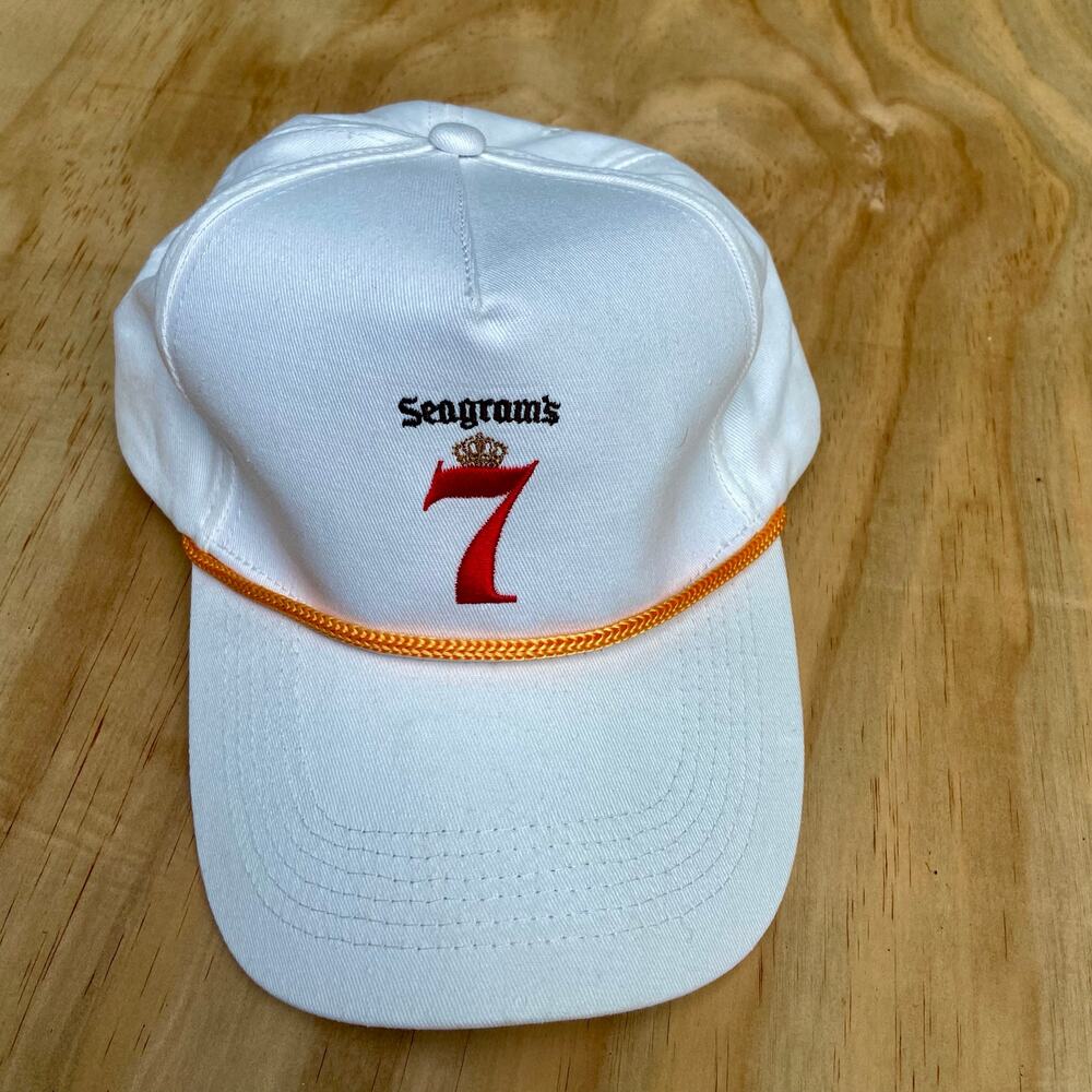 SEAGRAM 7 Whisky White Adjustable Strapback Hat Ball Cap Yellow Rope Ex Cond